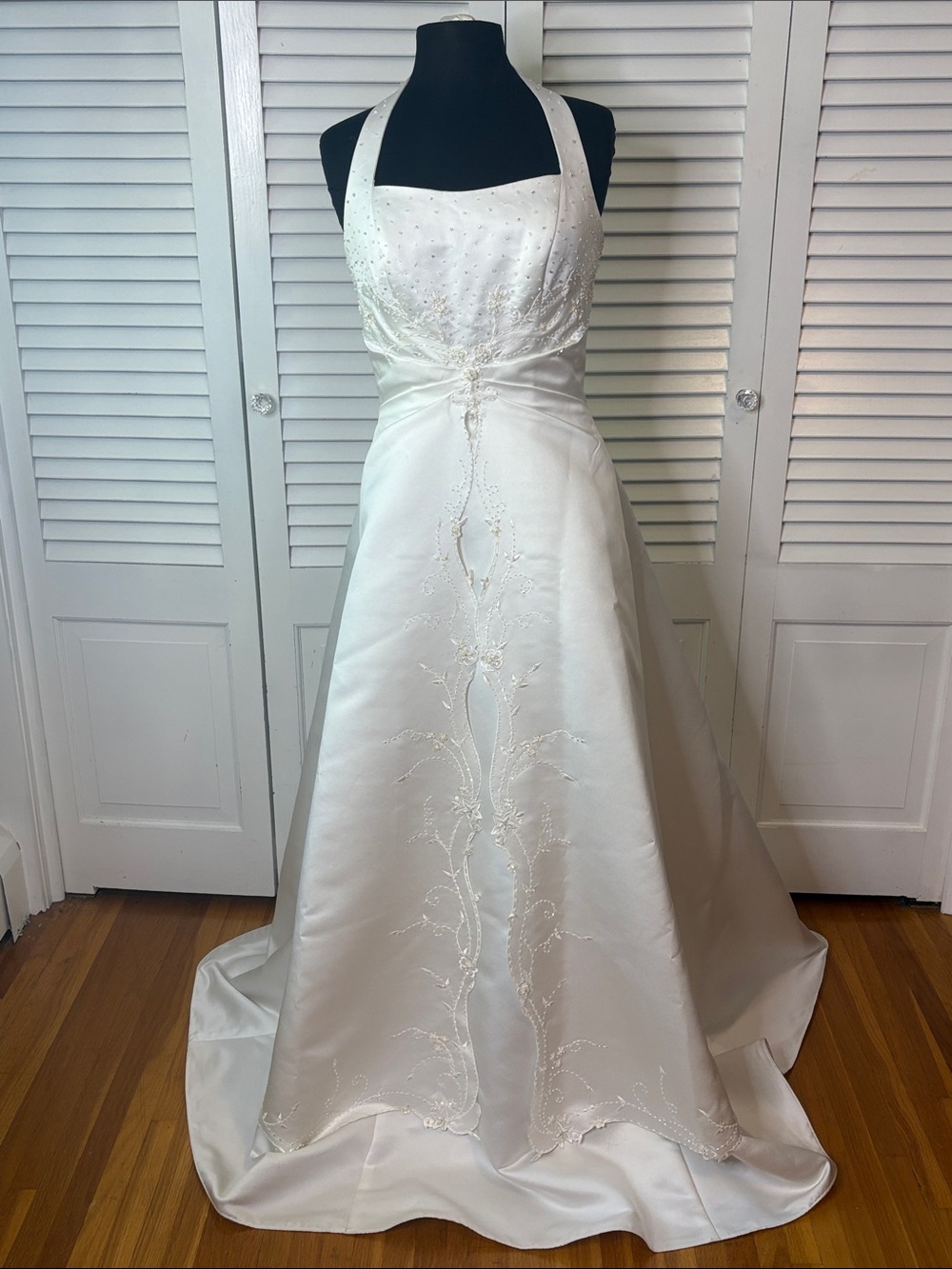 Raylia Bridal Diamond White Satin Halter A-Line Wedding Dress with Beading